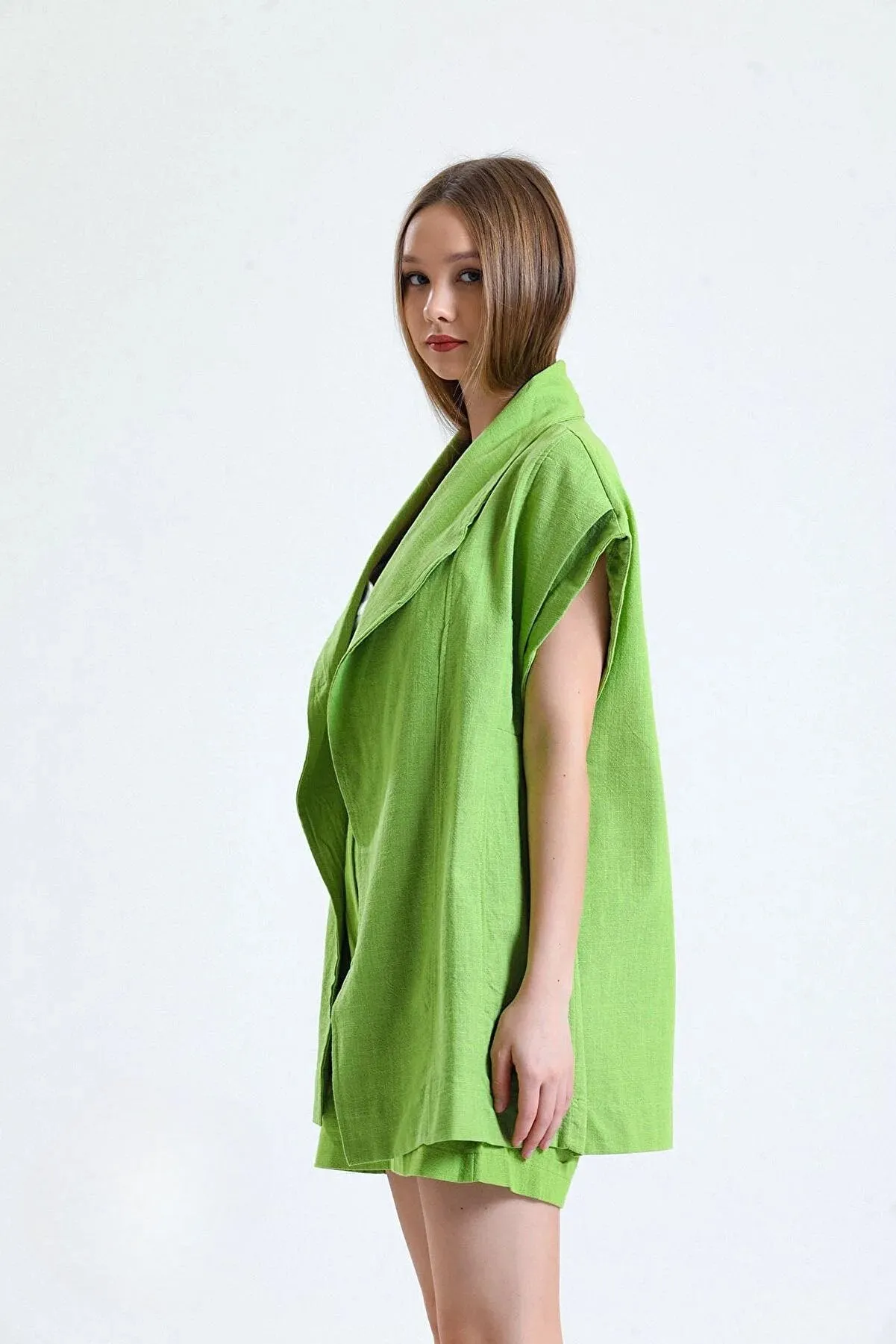 100% Organic Linen Fabric Cover Up with a Belt - Green