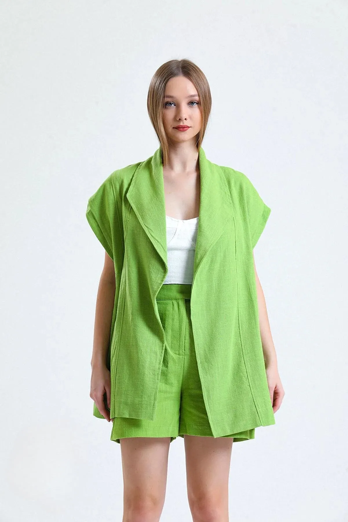 100% Organic Linen Fabric Cover Up with a Belt - Green