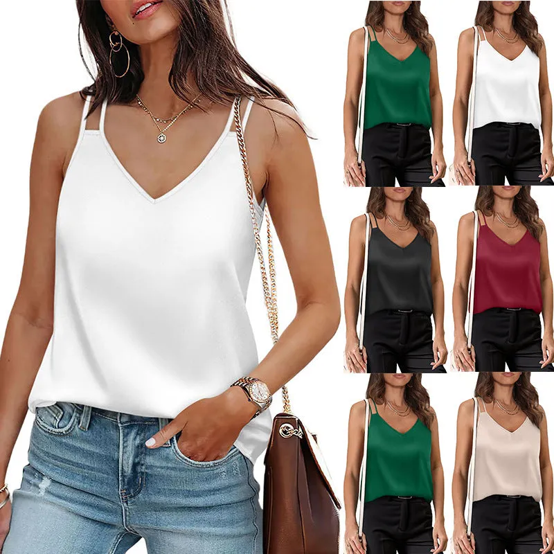 ALCEA ROSEA Womens Silky Satin Camisole Tank Tops V Neck Spaghetti Strap Blouses Sleeveless Cami Shirt