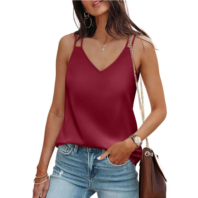 ALCEA ROSEA Womens Silky Satin Camisole Tank Tops V Neck Spaghetti Strap Blouses Sleeveless Cami Shirt