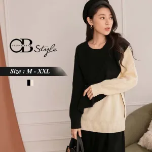 ASYMMETRICAL RUFFLE SLIM KNIT LONG SLEEVE FUR TOPS