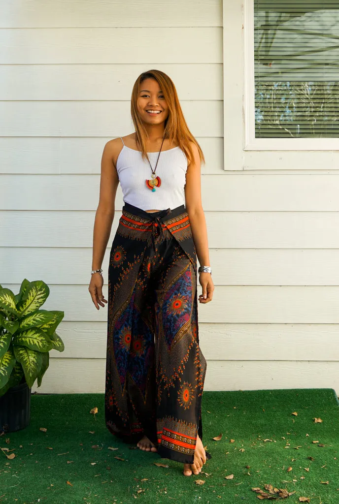 Black Peacock Mandala Palazzo Wrap Pants