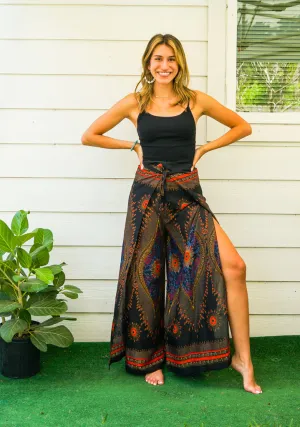 Black Peacock Mandala Palazzo Wrap Pants