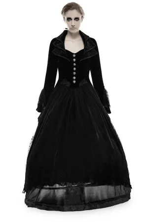 Black Velvet Long Gothic Trench Coat with Cascading Collar