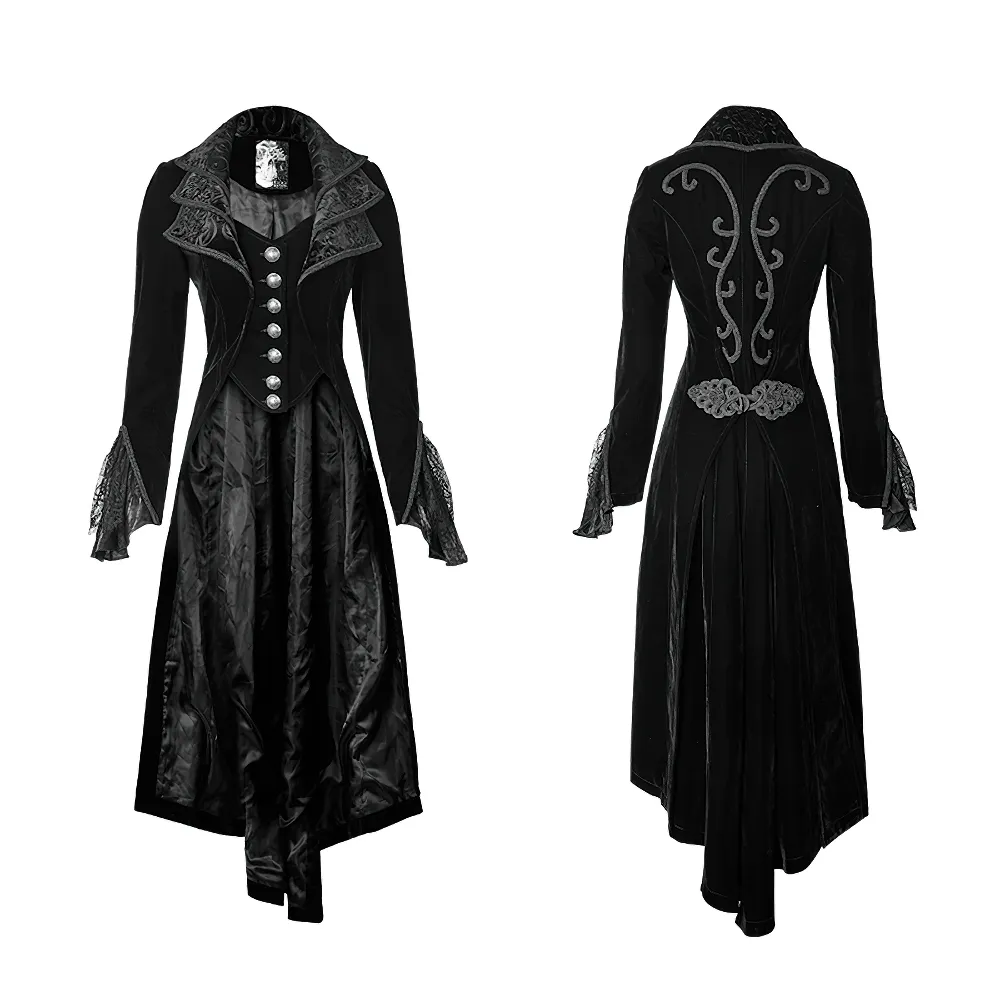 Black Velvet Long Gothic Trench Coat with Cascading Collar