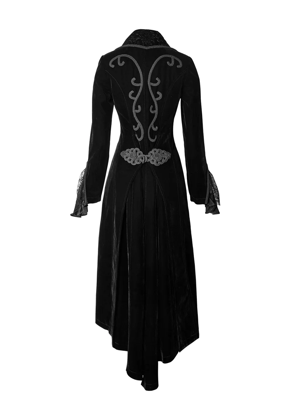 Black Velvet Long Gothic Trench Coat with Cascading Collar