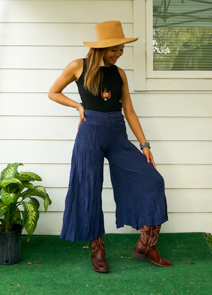 Blue Double Gauze Wide Legs Palazzo Pants