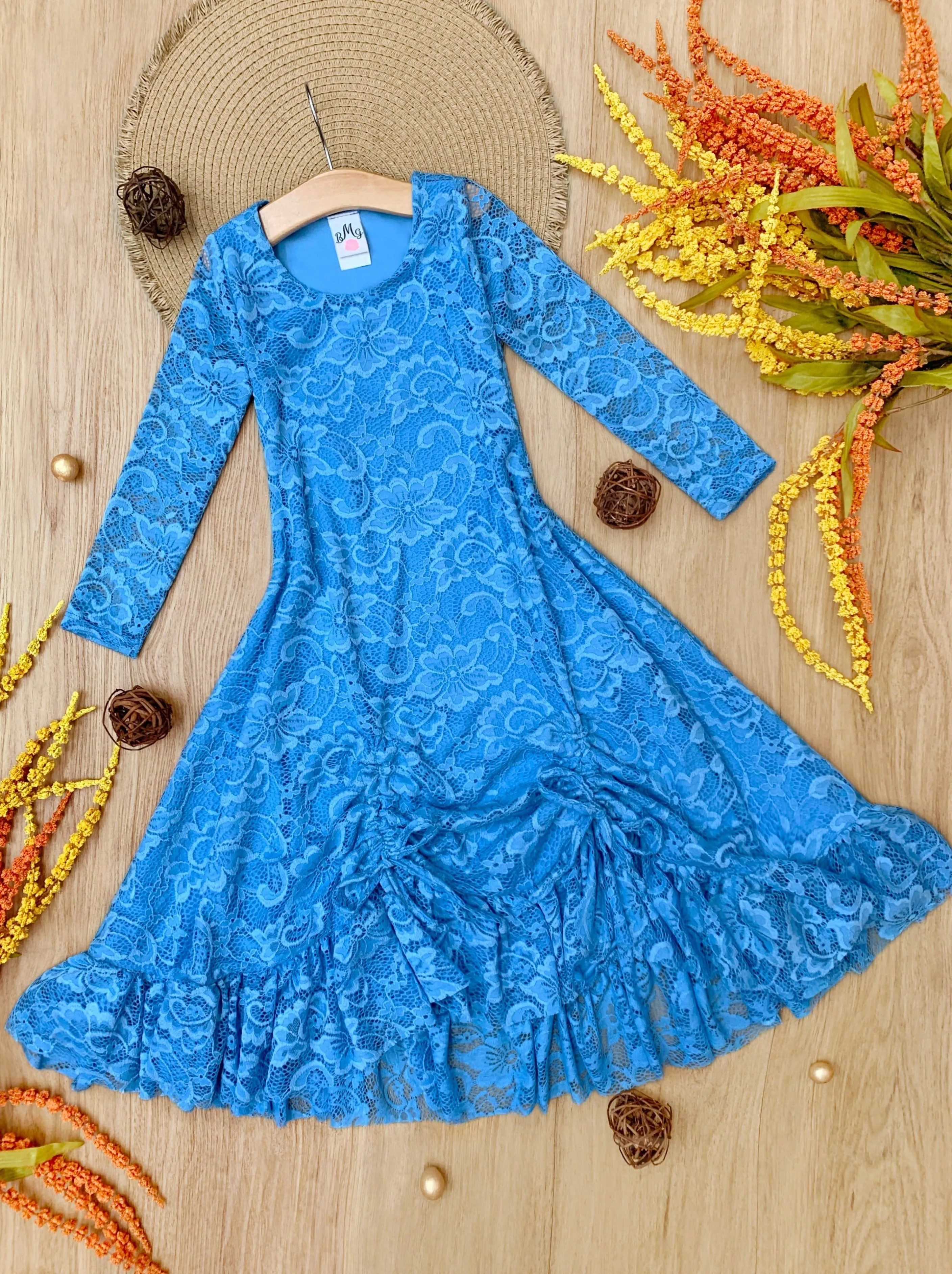 Blue Hi-Lo Drawstring Lace Ruffle Dress