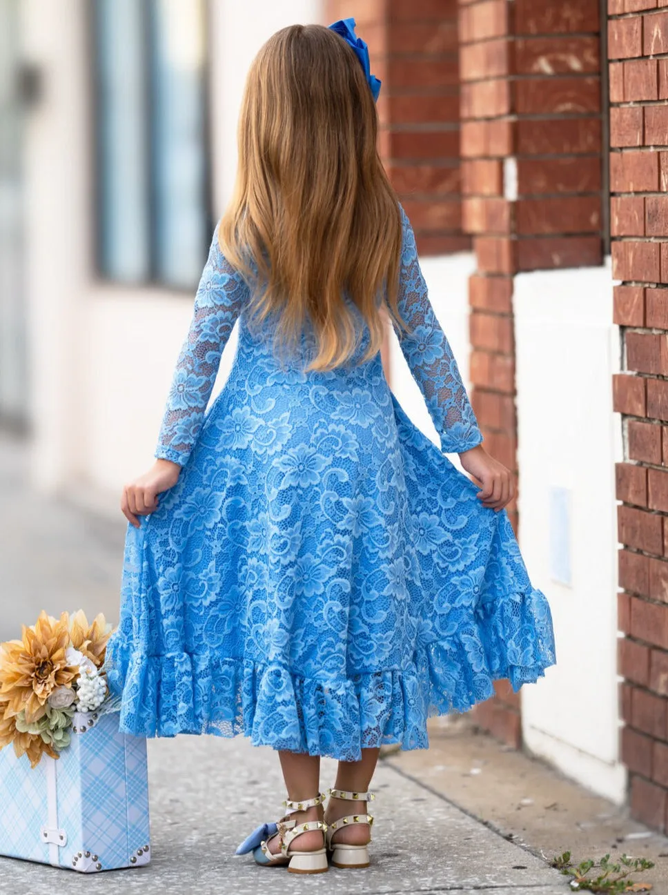 Blue Hi-Lo Drawstring Lace Ruffle Dress