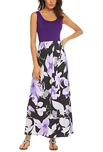 Bluetime Womens Maxi Dresses for Summer Sleeveless Long Dress Fitted Flower Dresses Maternity Long Dress (Floral C,L)