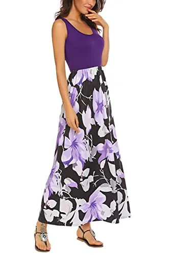 Bluetime Womens Maxi Dresses for Summer Sleeveless Long Dress Fitted Flower Dresses Maternity Long Dress (Floral C,L)