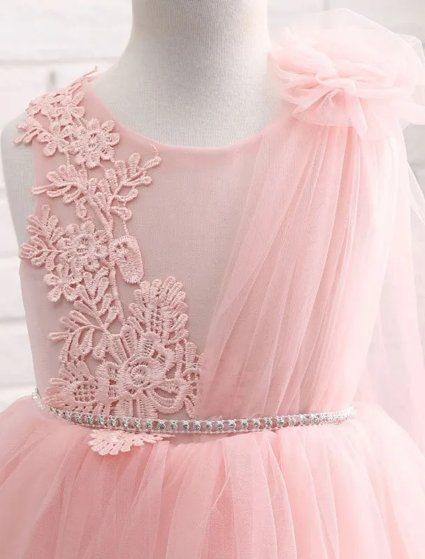 Blush Pink Little Flower Girl Dress Tulle Lace Applique Princess Knee Length  Pageant Dress With Side Draping