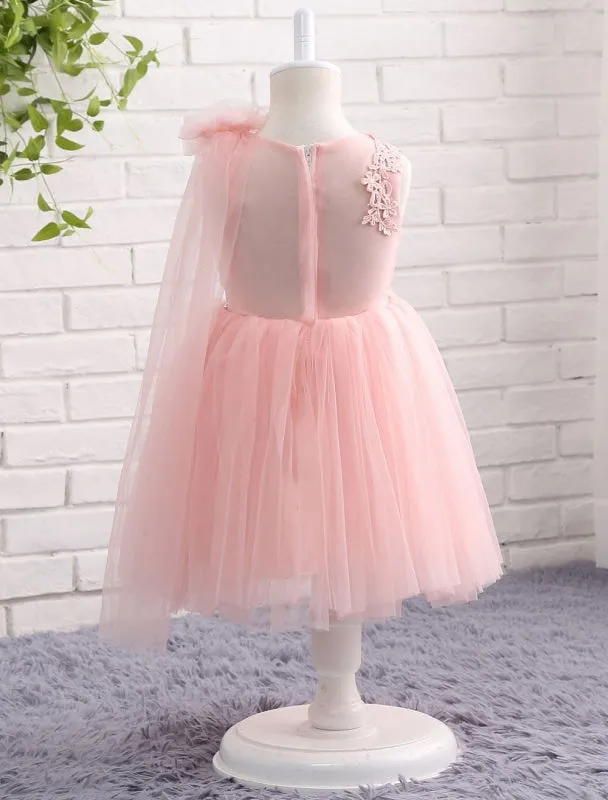 Blush Pink Little Flower Girl Dress Tulle Lace Applique Princess Knee Length  Pageant Dress With Side Draping