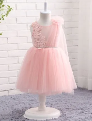 Blush Pink Little Flower Girl Dress Tulle Lace Applique Princess Knee Length  Pageant Dress With Side Draping