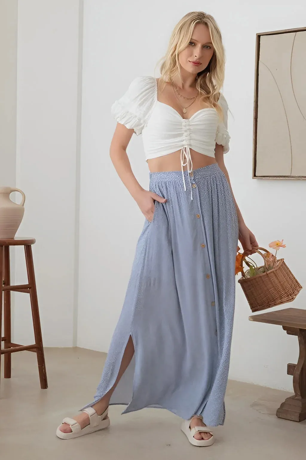 BOHO FRONT BUTTON FLORAL MAXI SKIRT