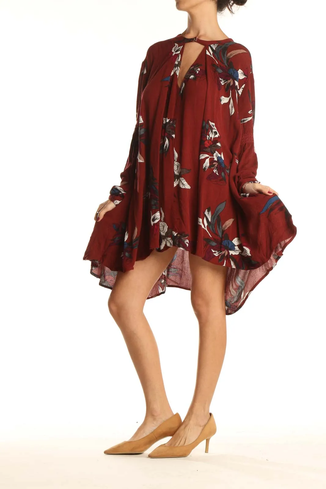 Burgundy Floral Long Sleeve Flowy Dress