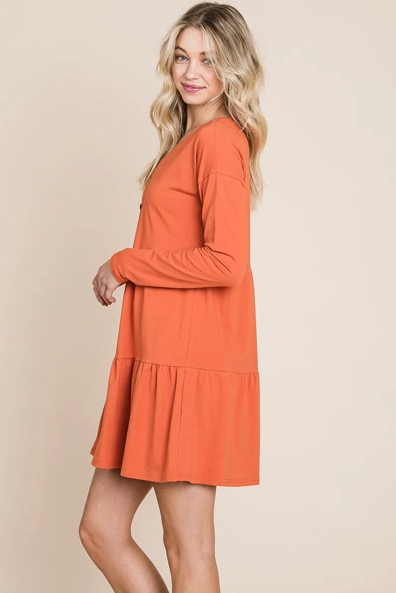 Button Front Long Sleeve Pleated Swing Dresses