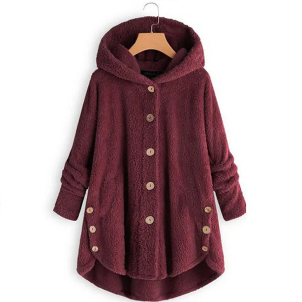 Button Plush Top Solid Color Hooded Jacket Casual Cardigan Wholesale