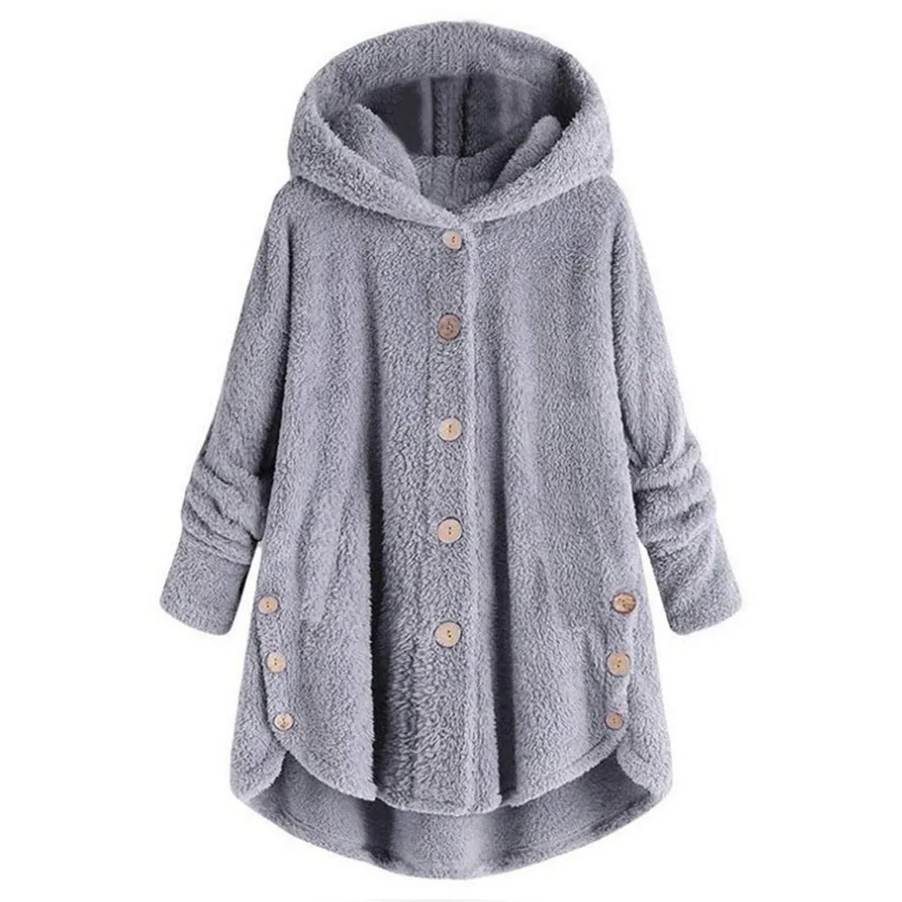 Button Plush Top Solid Color Hooded Jacket Casual Cardigan Wholesale