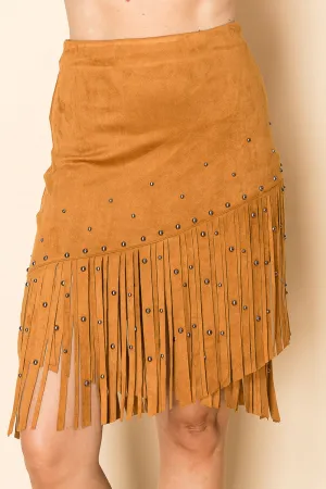 Camel Brown Faux Suede Fringed Skirt w/ Studs