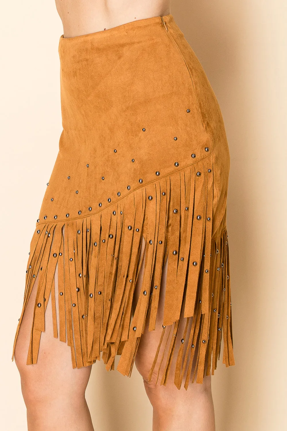 Camel Brown Faux Suede Fringed Skirt w/ Studs