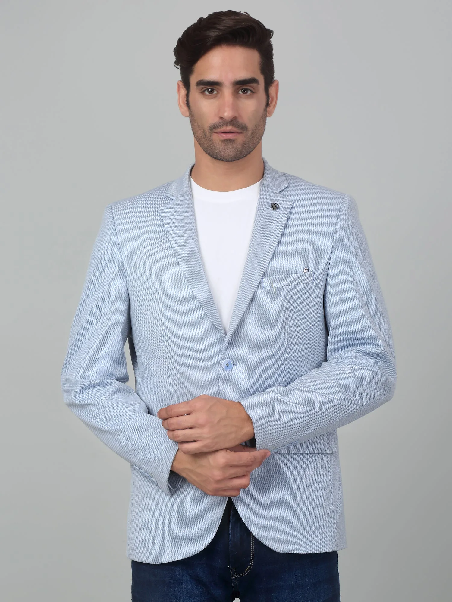 Cantabil Men Blue Self Design Notch Lapel Casual Blazer