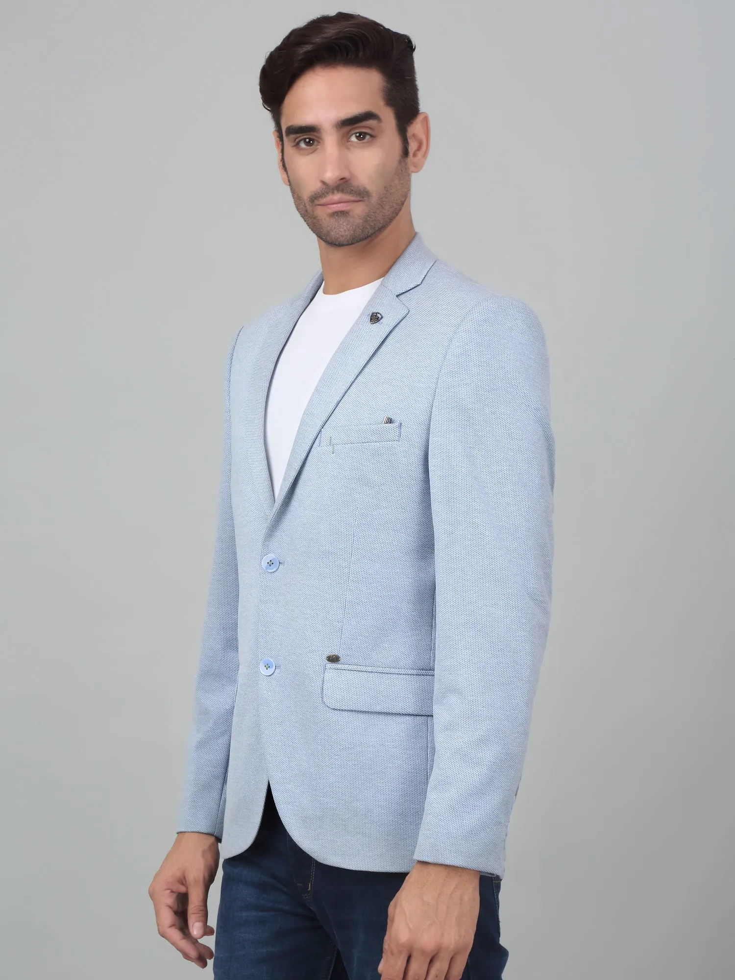 Cantabil Men Blue Self Design Notch Lapel Casual Blazer