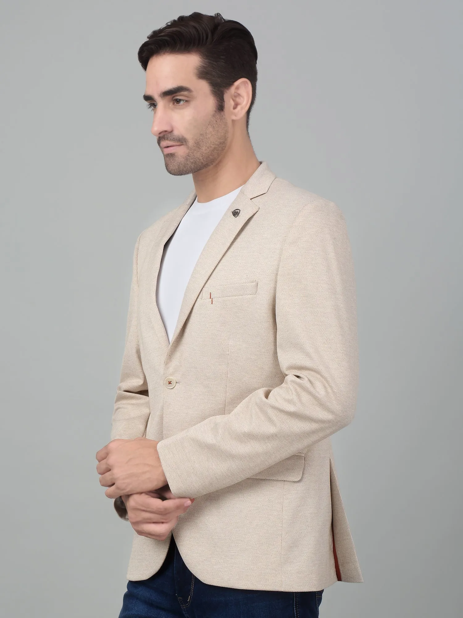 Cantabil Men Fawn Self Design Notch Lapel Casual Blazer