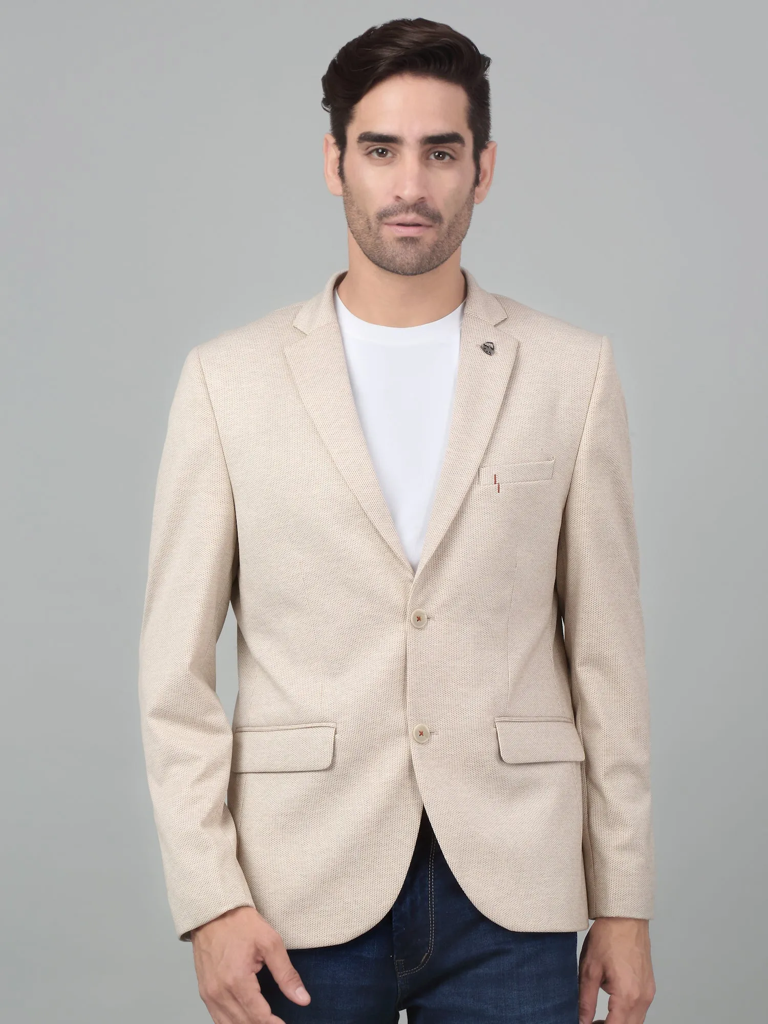 Cantabil Men Fawn Self Design Notch Lapel Casual Blazer