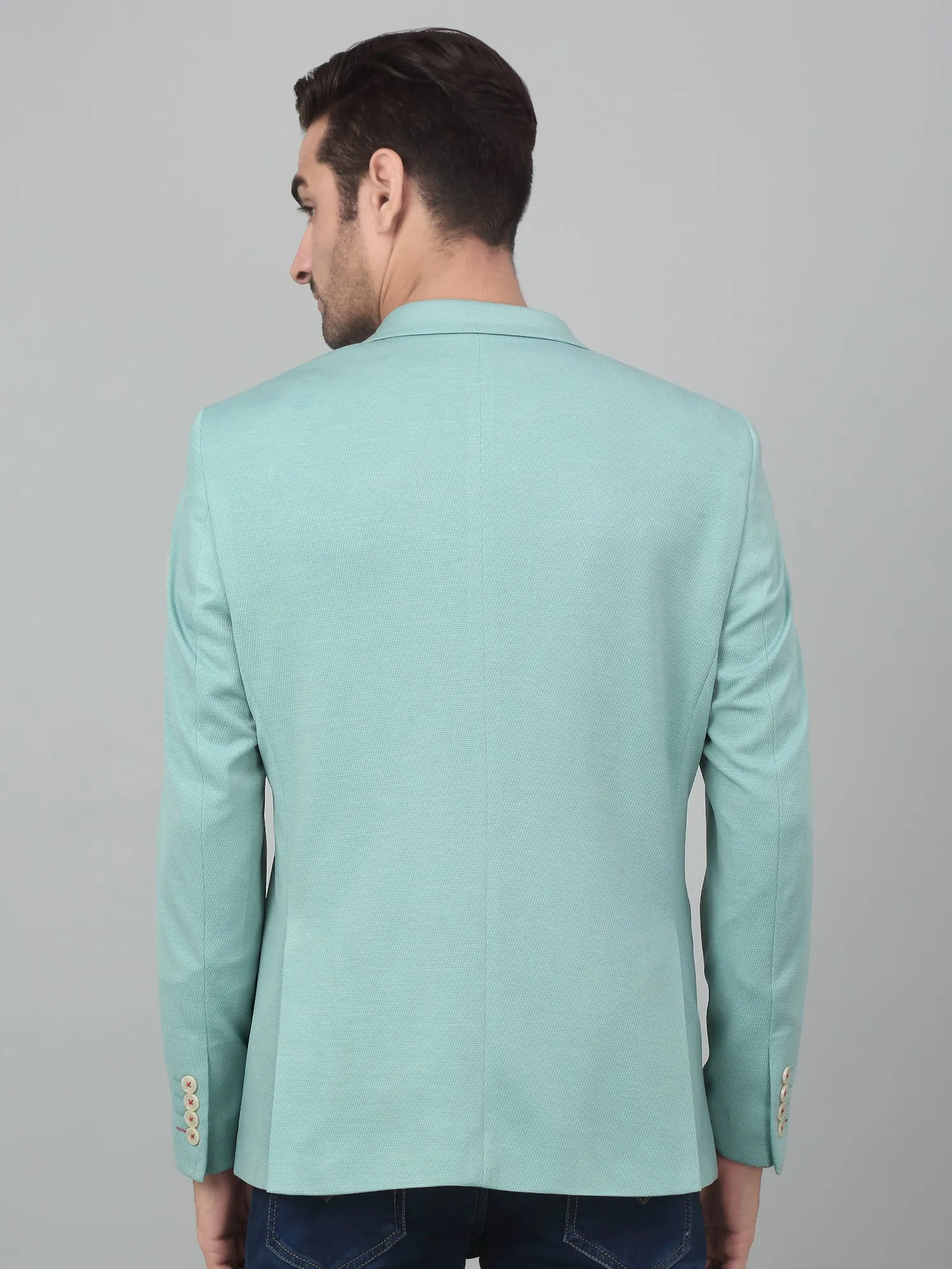 Cantabil Men Light Green Self Design Notch Lapel Casual Blazer