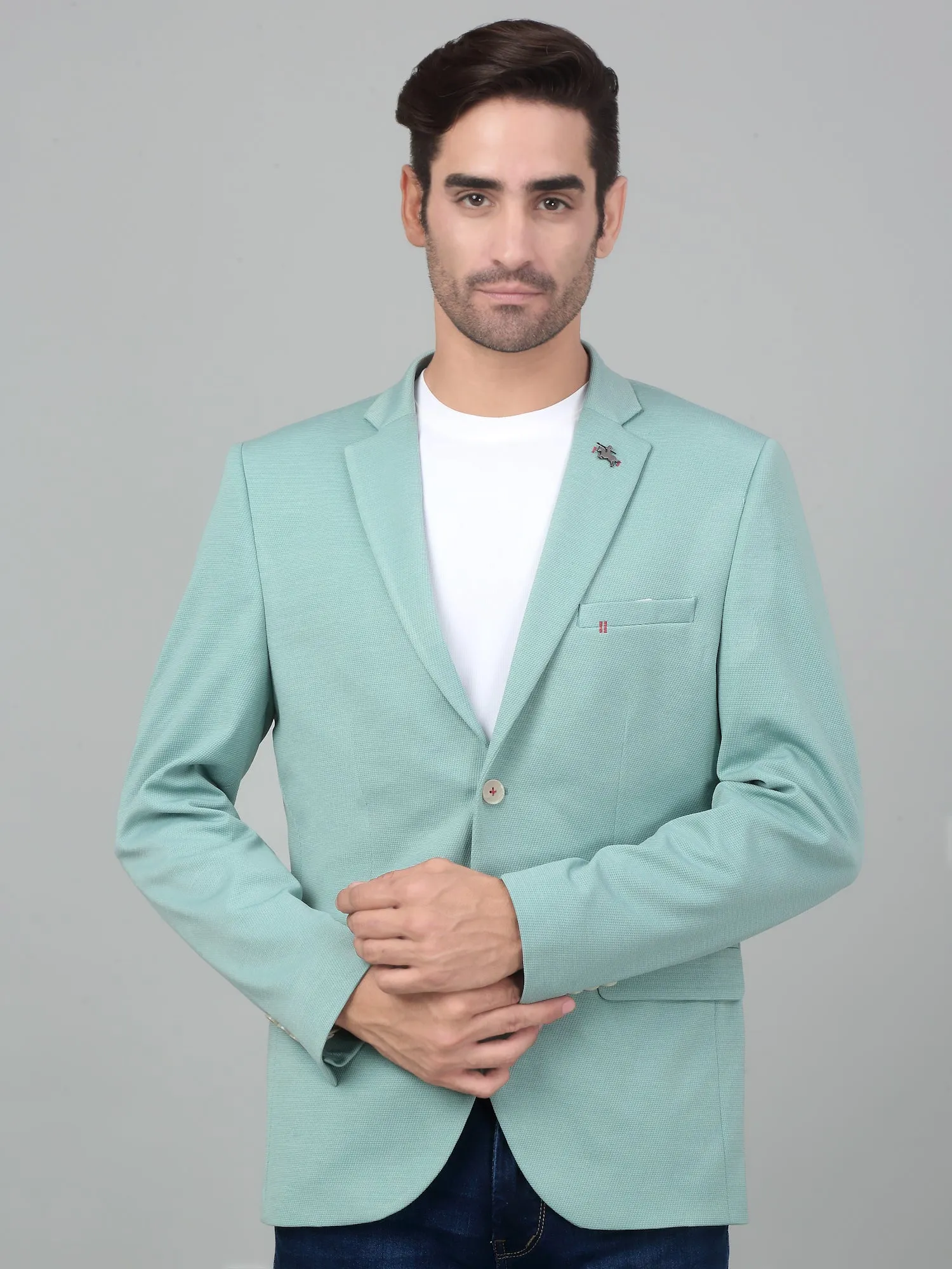 Cantabil Men Light Green Self Design Notch Lapel Casual Blazer