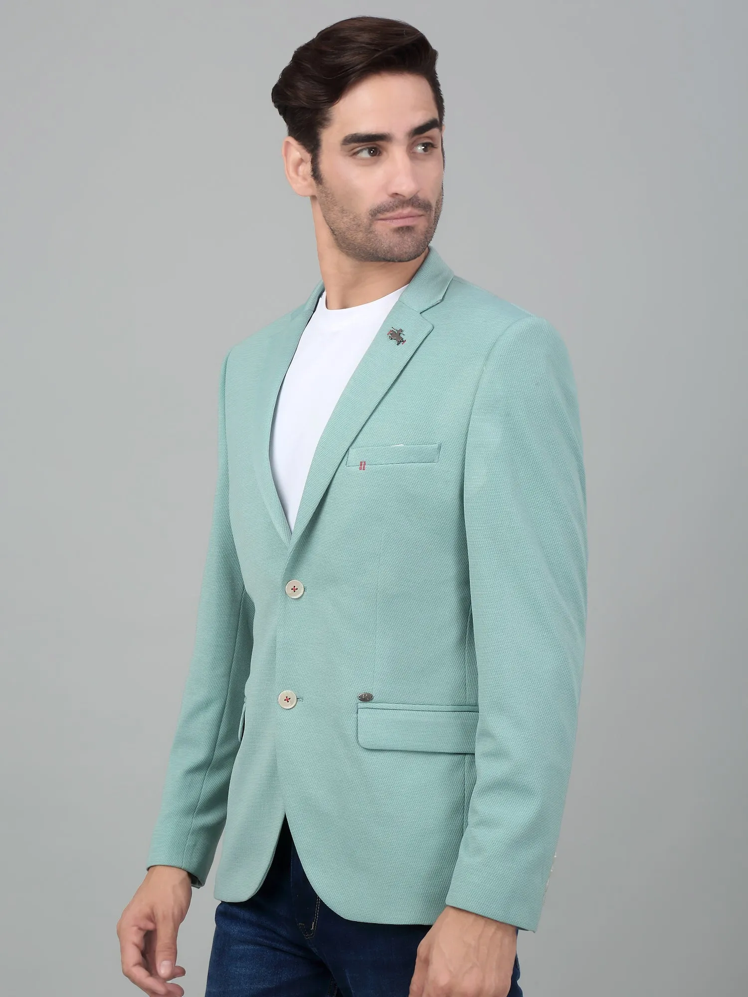 Cantabil Men Light Green Self Design Notch Lapel Casual Blazer