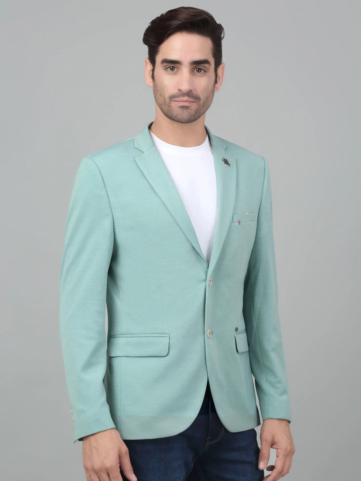 Cantabil Men Light Green Self Design Notch Lapel Casual Blazer