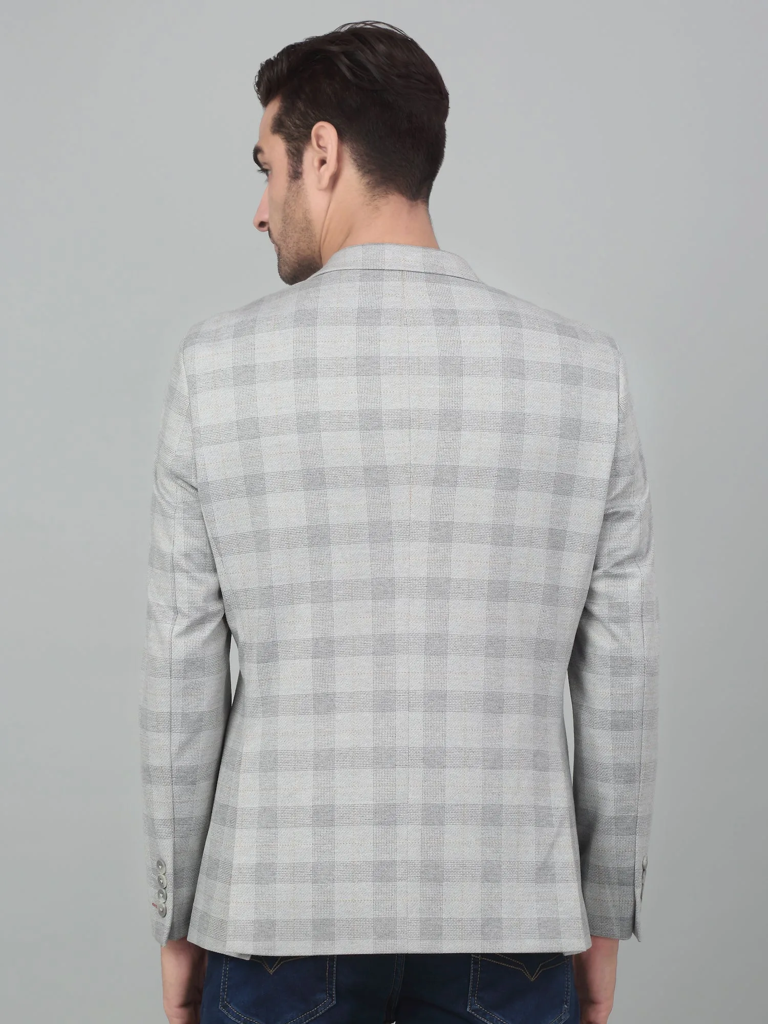 Cantabil Men Light Grey Checkered Notch Lapel Casual Blazer