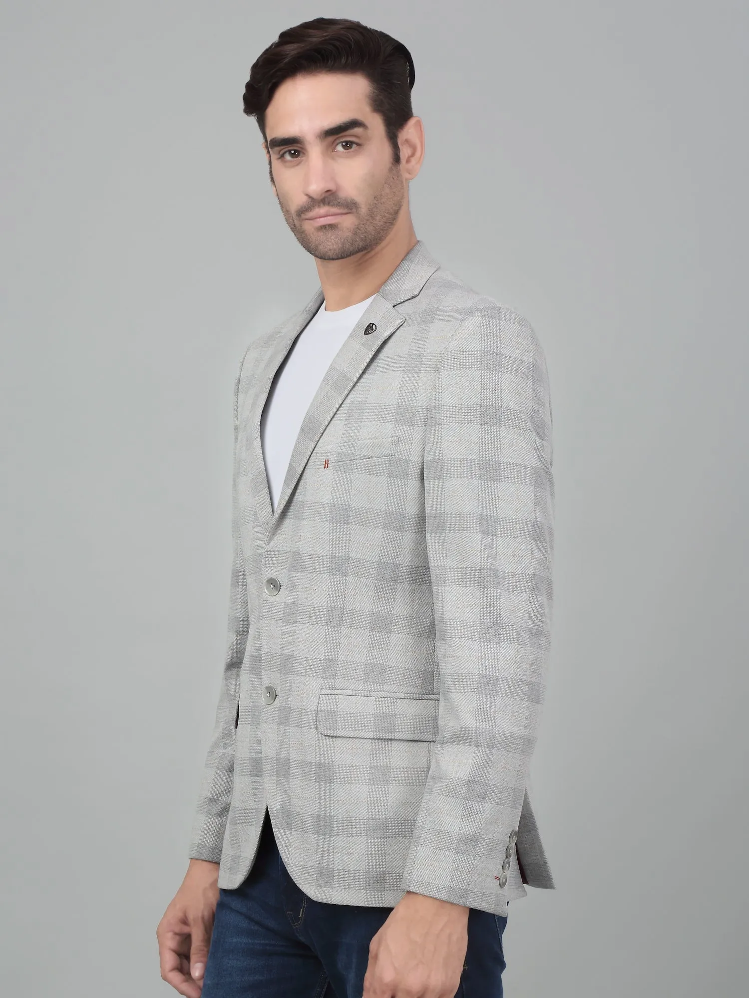 Cantabil Men Light Grey Checkered Notch Lapel Casual Blazer