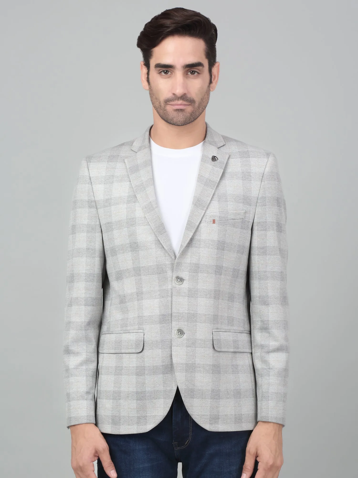 Cantabil Men Light Grey Checkered Notch Lapel Casual Blazer