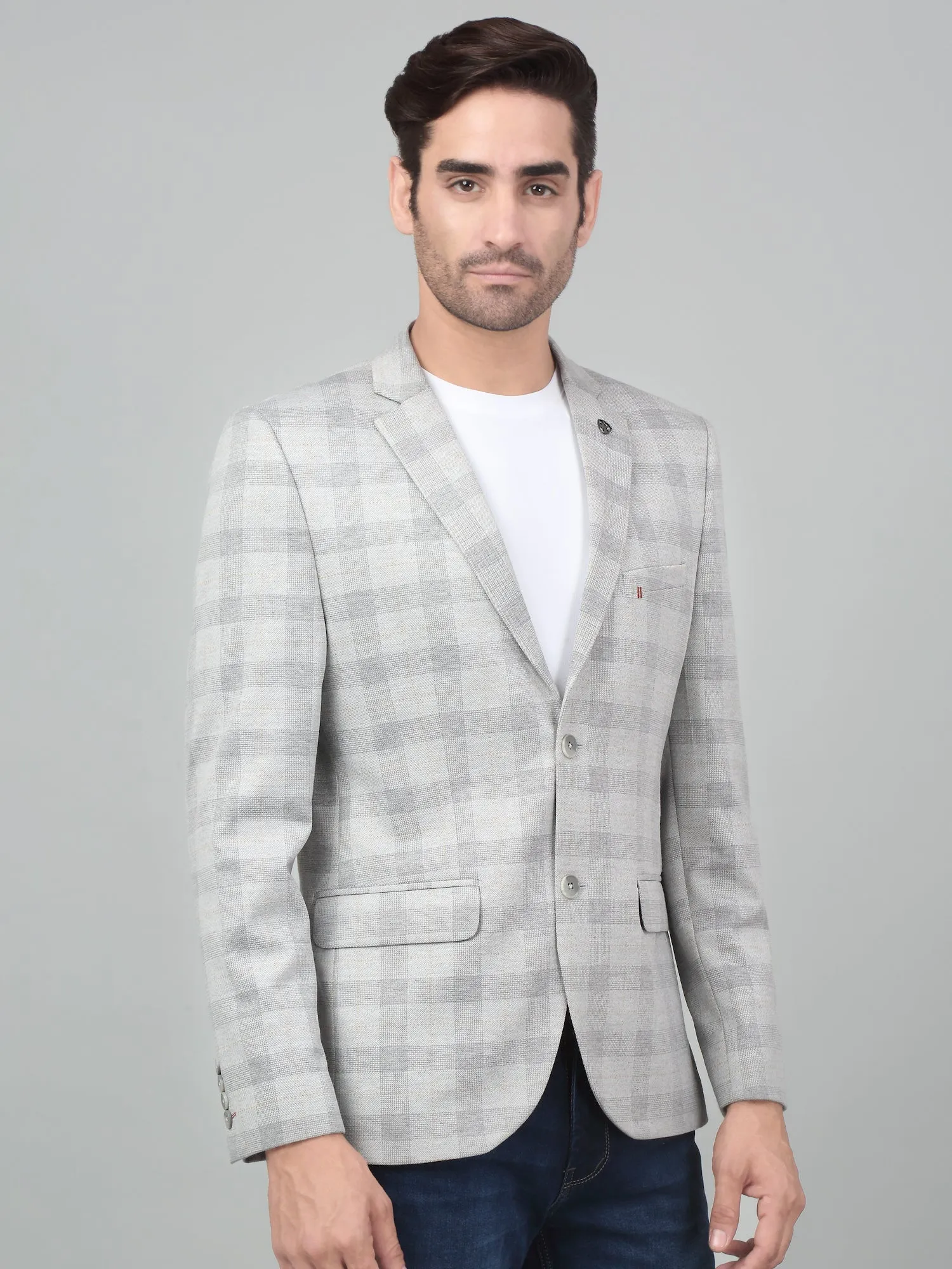 Cantabil Men Light Grey Checkered Notch Lapel Casual Blazer