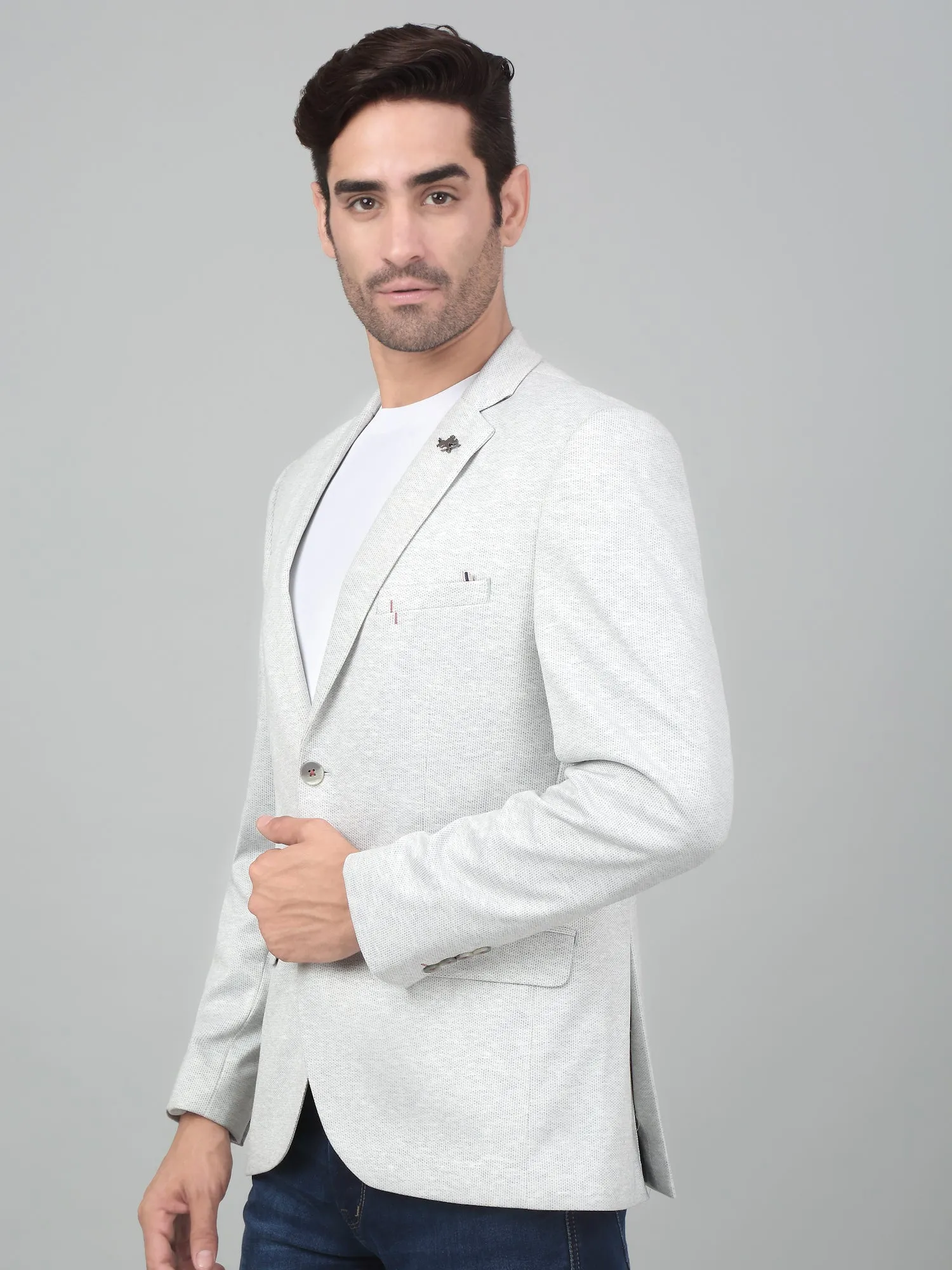 Cantabil Men Light Grey Self Design Notch Lapel Casual Blazer