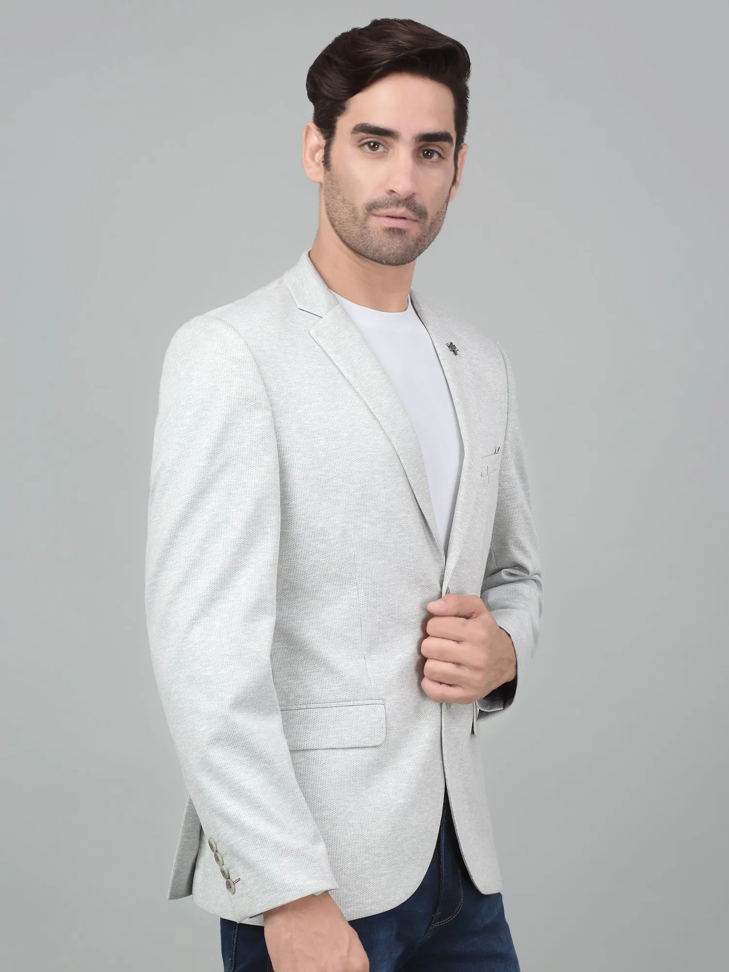 Cantabil Men Light Grey Self Design Notch Lapel Casual Blazer