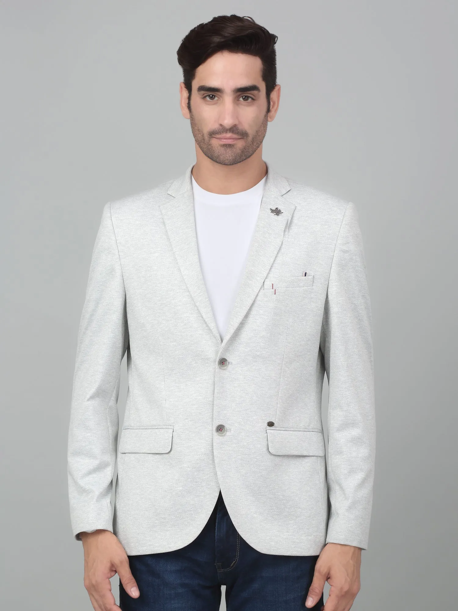 Cantabil Men Light Grey Self Design Notch Lapel Casual Blazer