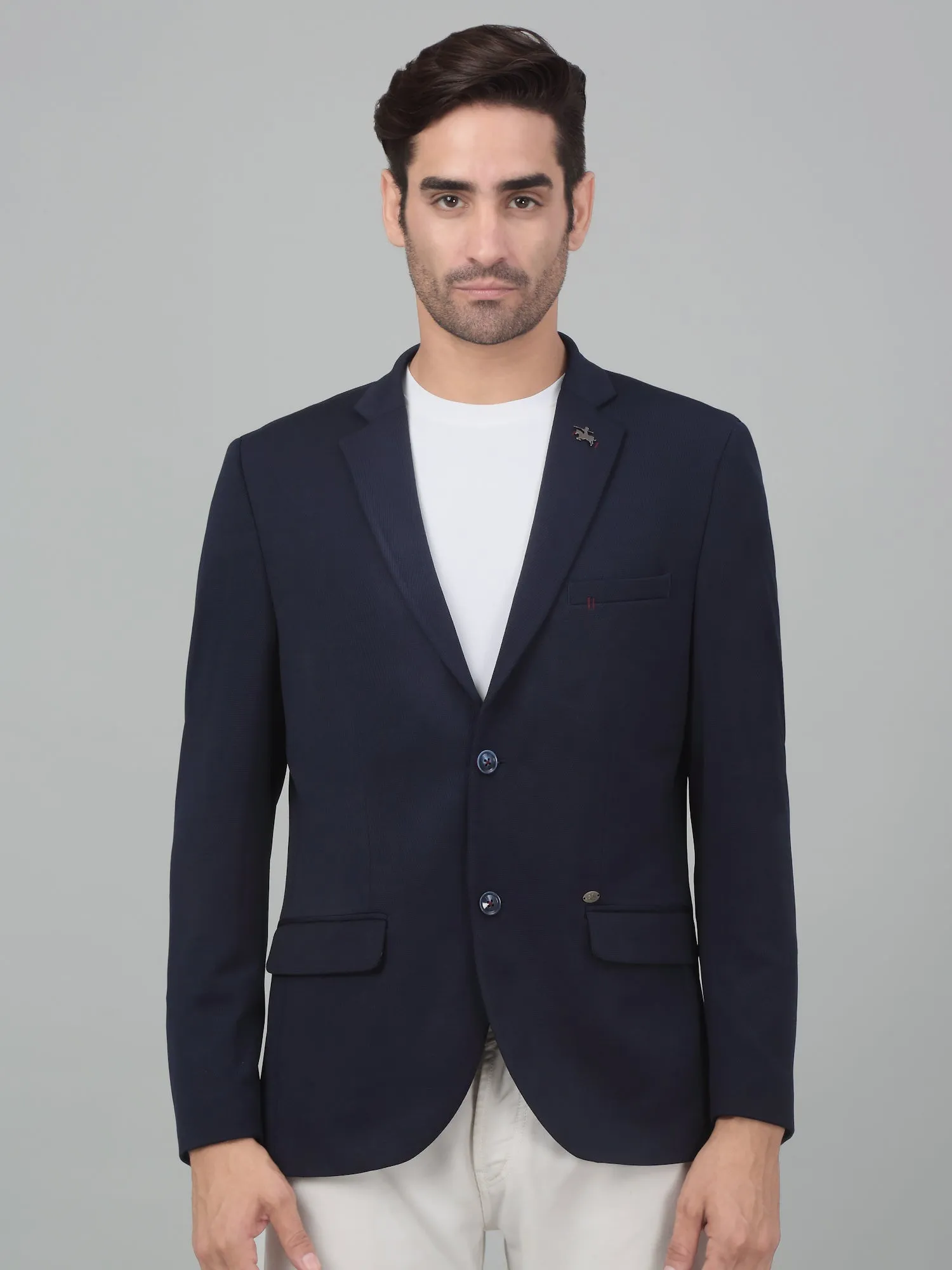 Cantabil Men Navy Blue Self Design Notch Lapel Casual Blazer