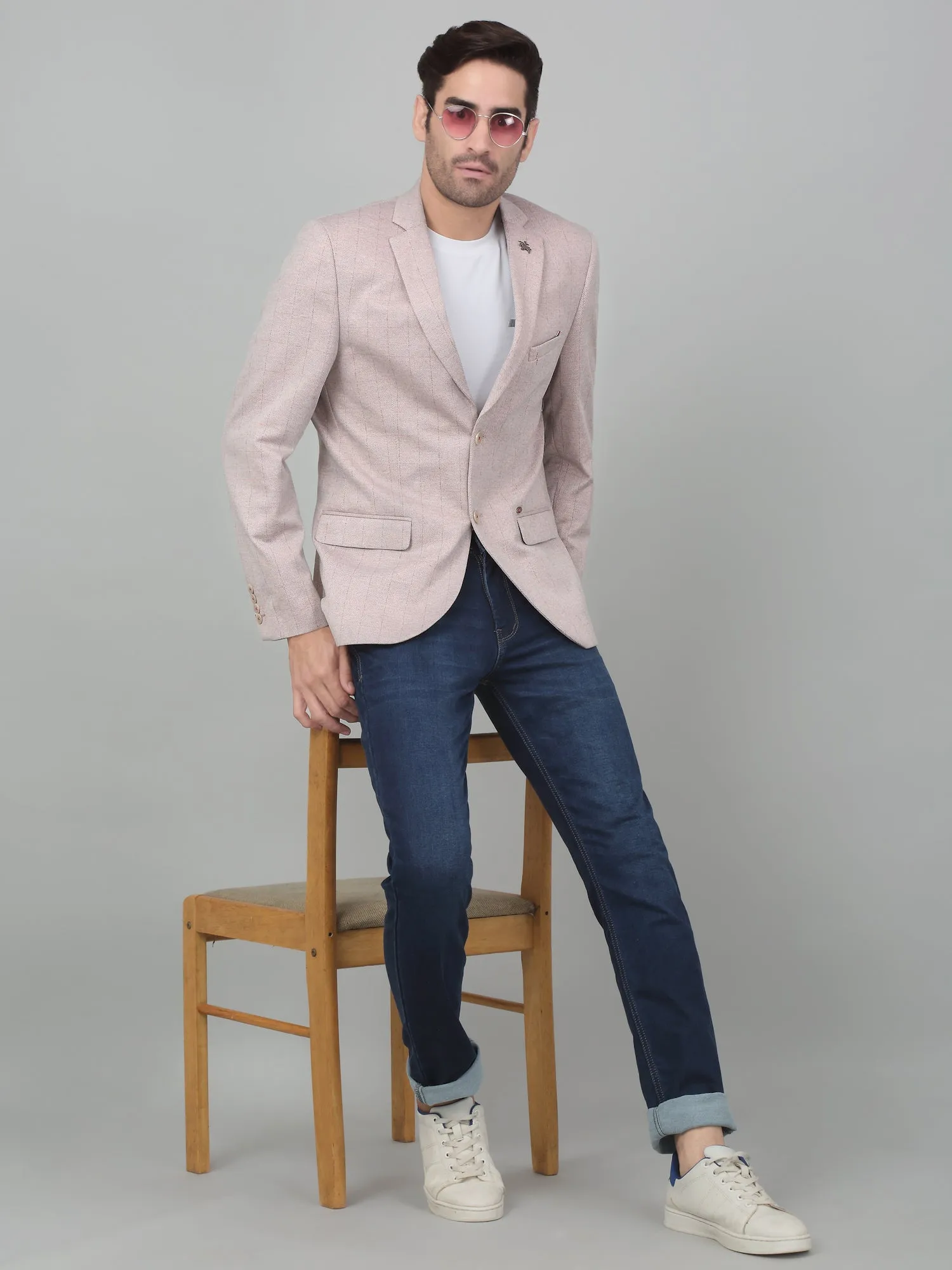 Cantabil Men Peach Checkered Notch Lapel Casual Blazer