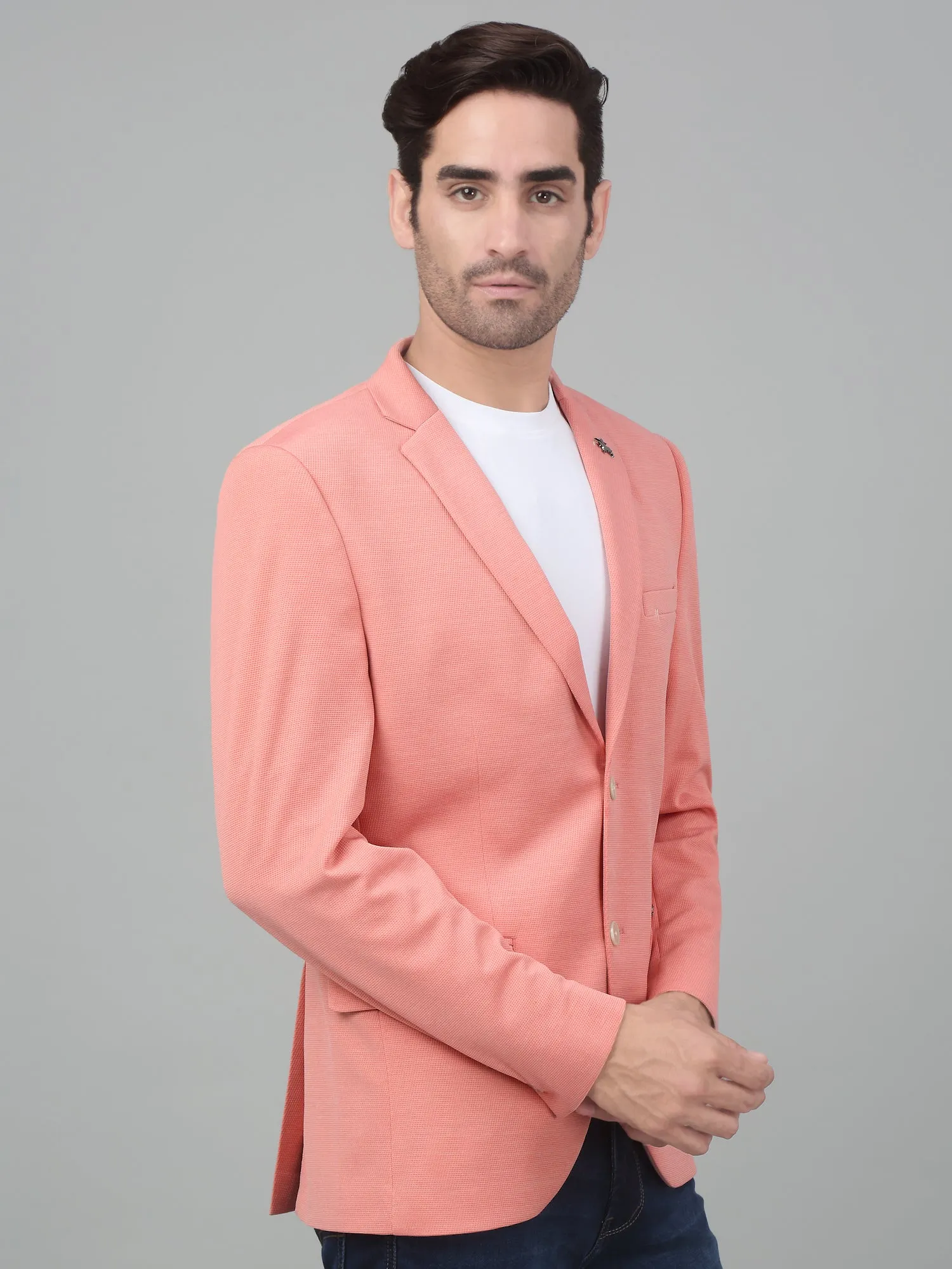 Cantabil Men Peach Self Design Notch Lapel Casual Blazer