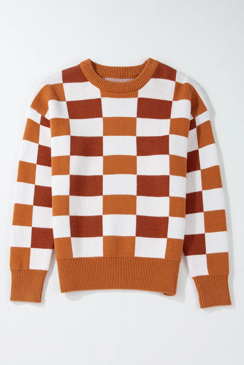 Checkered Ribbed Edge O Neck Drop Shoulder Sweater