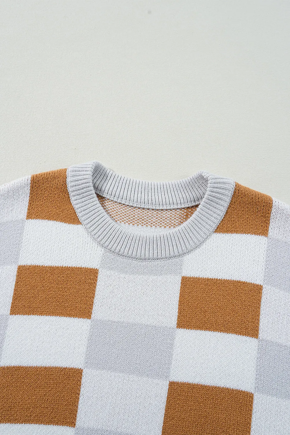 Checkered Ribbed Edge O Neck Drop Shoulder Sweater