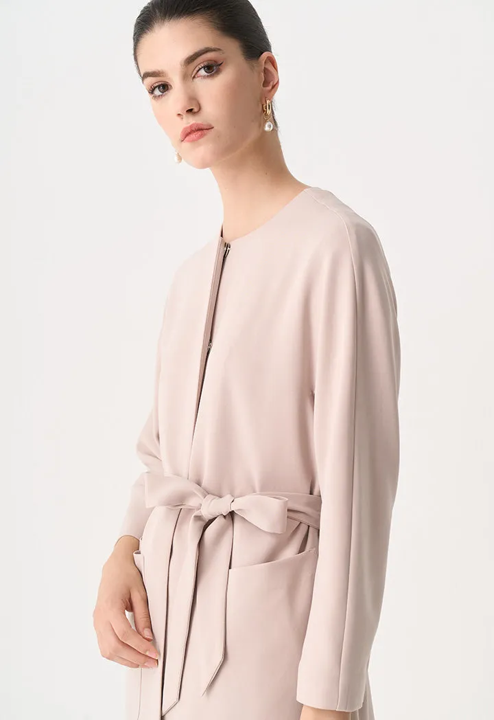 Choice Round Neck Belted Midi Jacket Taupe