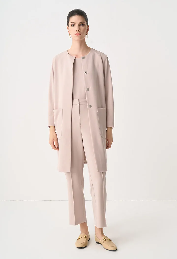 Choice Round Neck Belted Midi Jacket Taupe