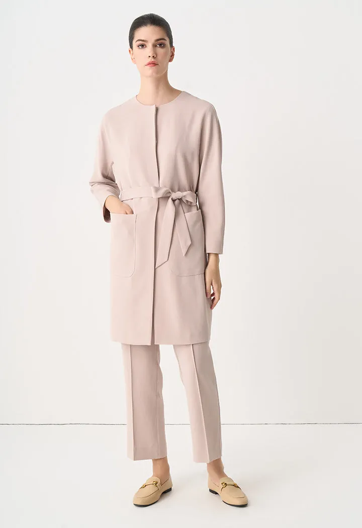 Choice Round Neck Belted Midi Jacket Taupe