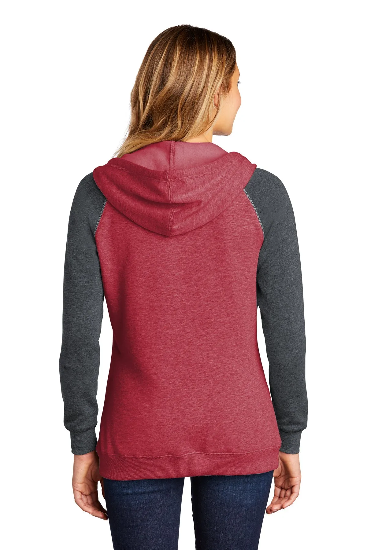 District Ladies Juniors Lightweight Fleece Raglan Hoodies, Heathered Red/ Heathered Charcoal