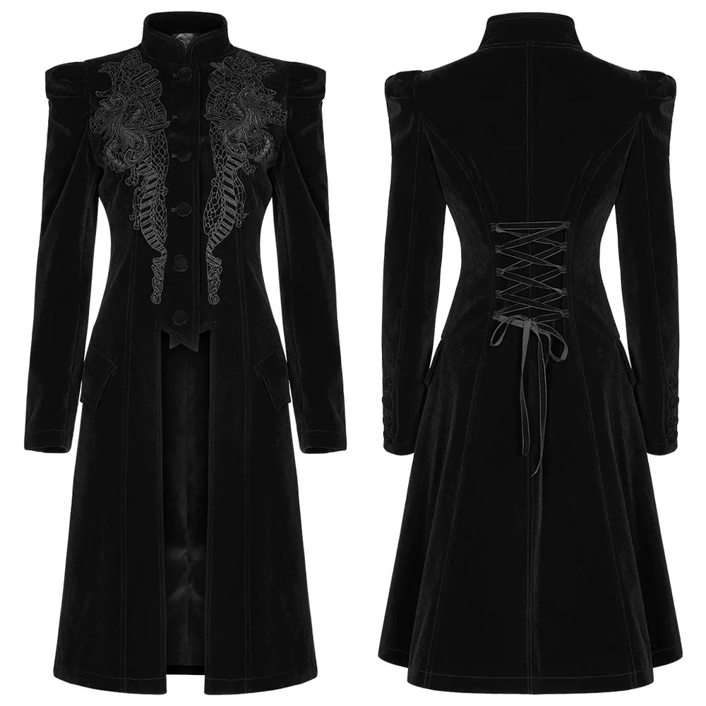 Elegant Gothic Black Velvet Lace-Up Back Trench Coat